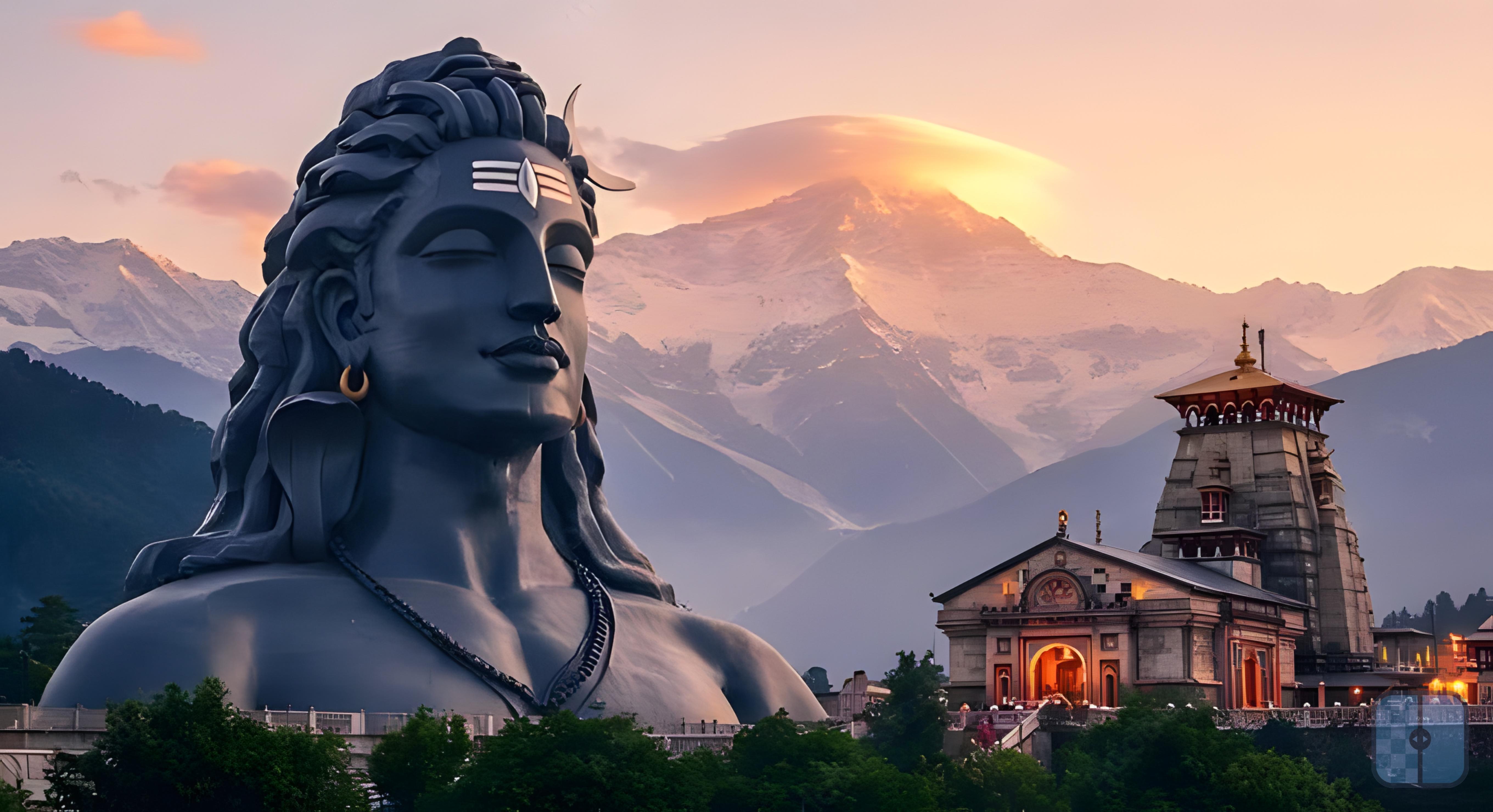 Majestic Shiva statue with Himalayan mountains and temple at sunset